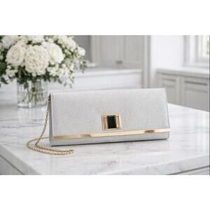 Classy Elegant Silver Glitter Clutch with Gold Accents by d’Margeaux New York